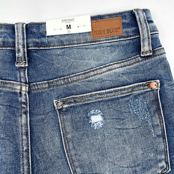 Judy Blue Distressed Raw Hem Shorts Blue High Waist Cut Offs Sz M - Picture 7 of 8